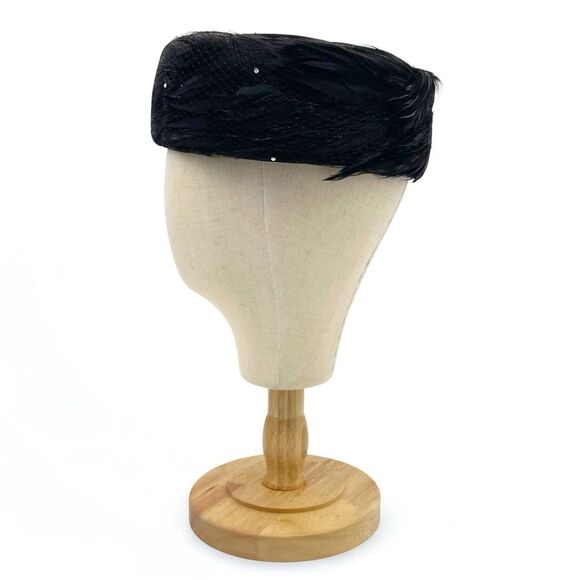 Vintage 1950s Coralie Feathered Pillbox Hat Black Velour with Veil & Rhinestones - Picture 10 of 15